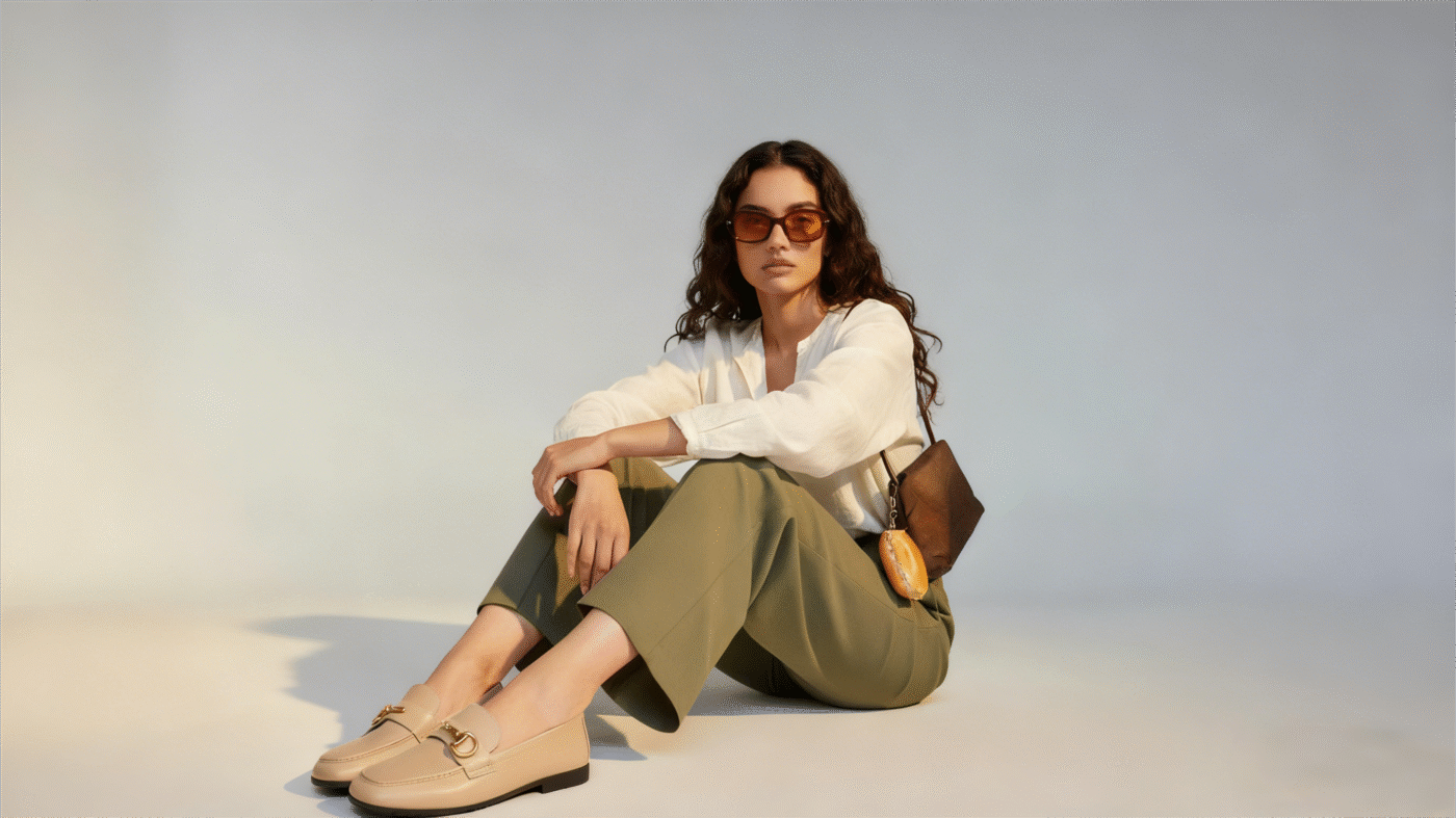 homepage A stylish working woman wearing loafers sat on the floor
